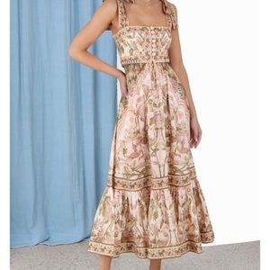 Zimmermann Lyre Tropical Printed Self-Tie Shoulder Tiered Midi Dress